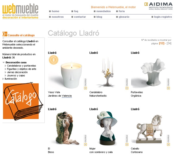 Captura de pantalla del catálogo de lladró en Webmueble