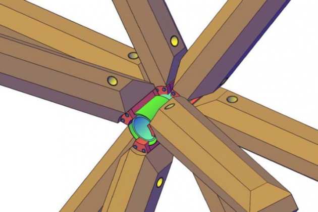 Simulación por ordenador de la unión del conector a 9 barras de madera en posiciones y ángulos arbitrarios
