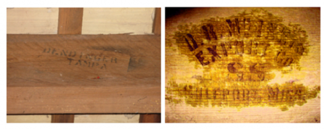 Detalle de inscripciones sobre la información de los exportadores, en dos elementos antiguos de mobila.