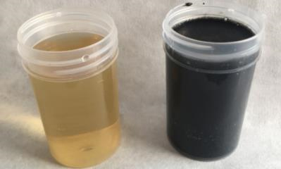 Sustancias húmicas (izquierda) extraídas del digestato procedente de la planta de biogás tras ser sometido a procesos de tratamiento específicos (derecha).